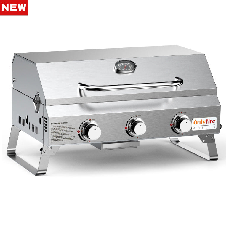 Onlyfire BBQ Gas Grill with 3 Burners and Foldable Cart for Easy Transport,  Stainless Steel Portable Propane Grill with Versatile Side Shelf for