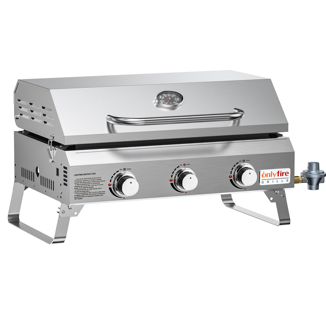 Onlyfire Portable BBQ Gas Griddle 3 Burners, Stainless Steel Flat Top Gas  Grill Griddle Stove with Lid, Side Table, Foldable Cart & Wheels for  Outdoor