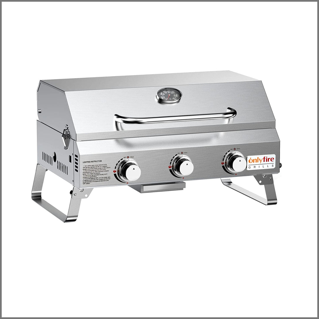 Onlyfire Tabletop Gas Griddle Grill with Lid, 3-Burner