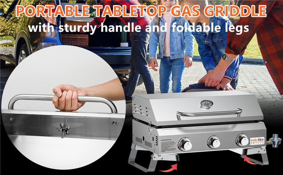 Onlyfire BBQ Gas Grill with 3 Burners and Foldable Cart for Easy Transport,  Stainless Steel Portable Propane Grill with Versatile Side Shelf for